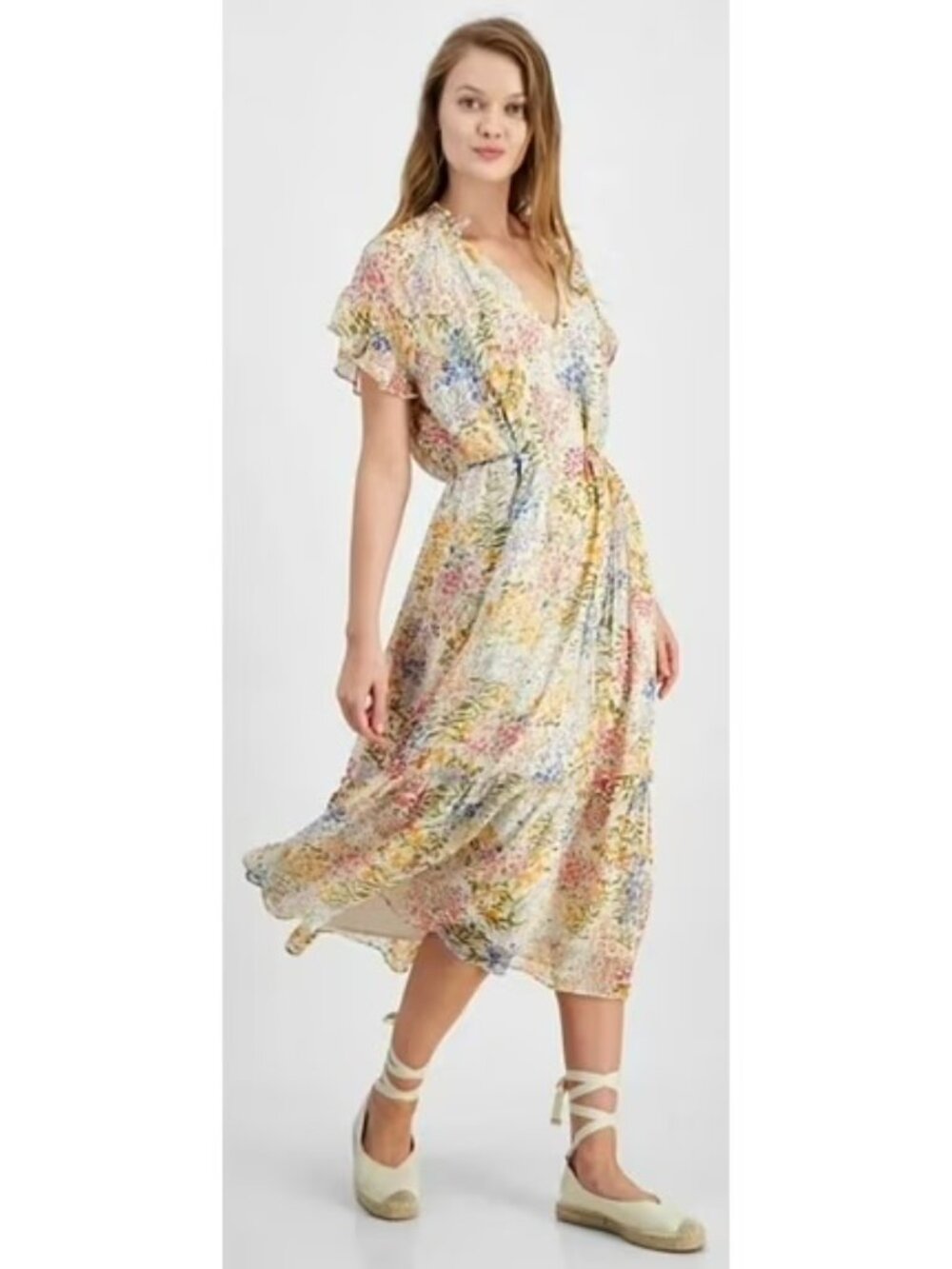 Lucy Paris Camellia Floral Tie-Waist Midi Dress | Size Large | Romantic